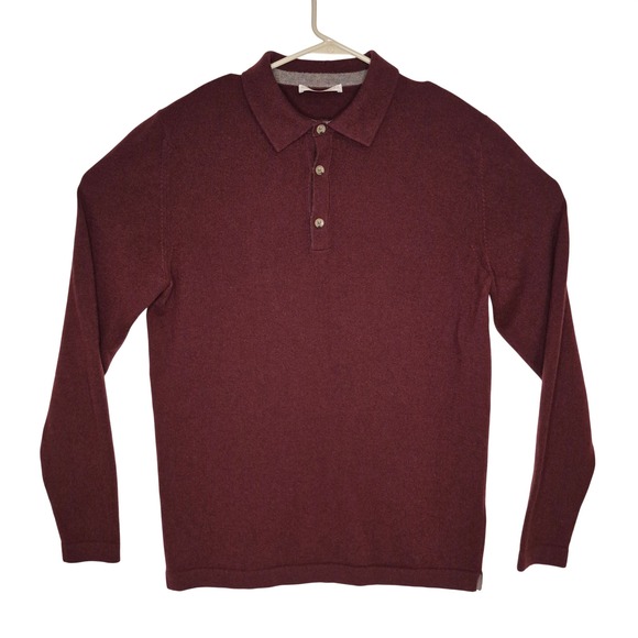 Luca Faloni Polo Sweater Mens Large Burgundy 100% Cashmere Long Sleeve Italy